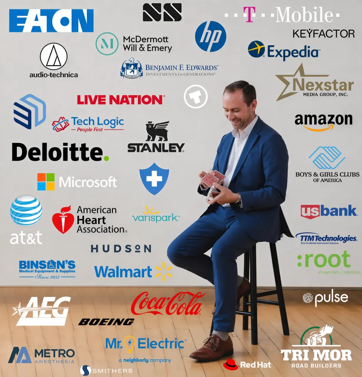 Brian Masters surrounded by logos of companies that have hired him, including Eaton, T-Mobile, HP, Expedia, Amazon, Deloitte, Microsoft, AT&T, American Heart Association, Walmart, Coca-Cola, Boeing, Live Nation and U.S. Bank